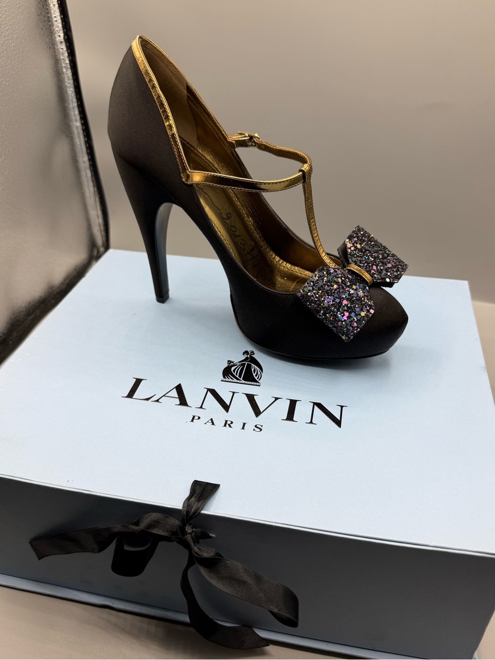 Lanvin Black Satin T-Strap Pumps with Gold Trim and Glitter Bow